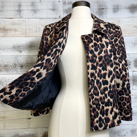 Tahari Brown Leopard Print Jacket Blazer Size 6 S Cropped Lined Y2K Holiday Coat - Picture 7 of 10